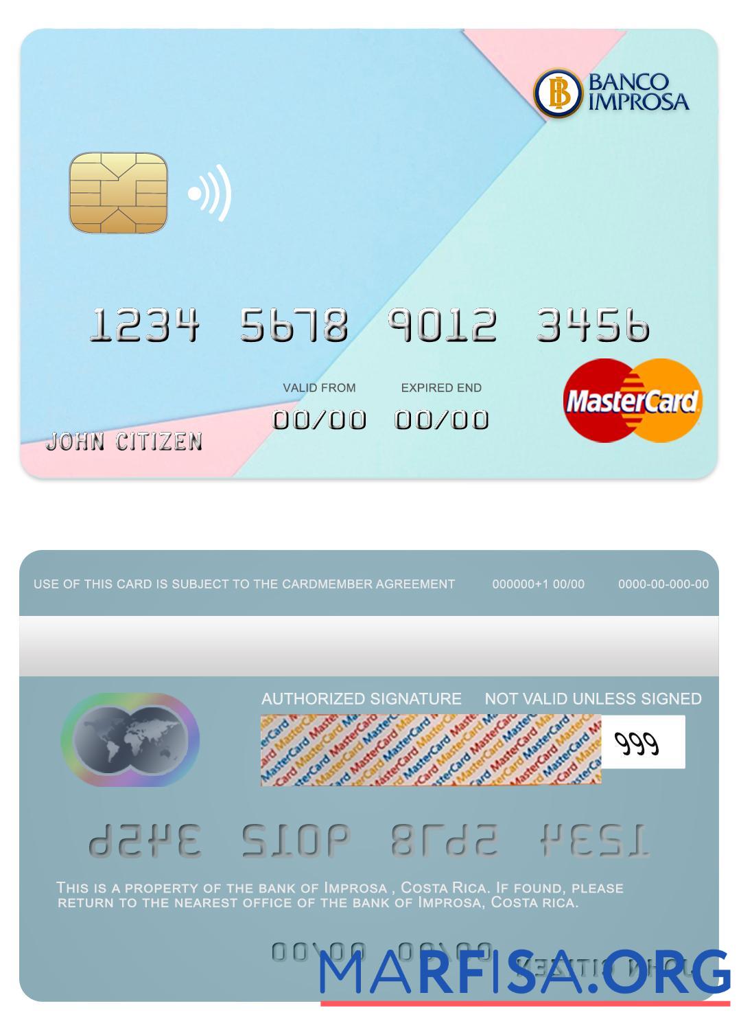 Realistic Costa Rica Improsa bank mastercard template